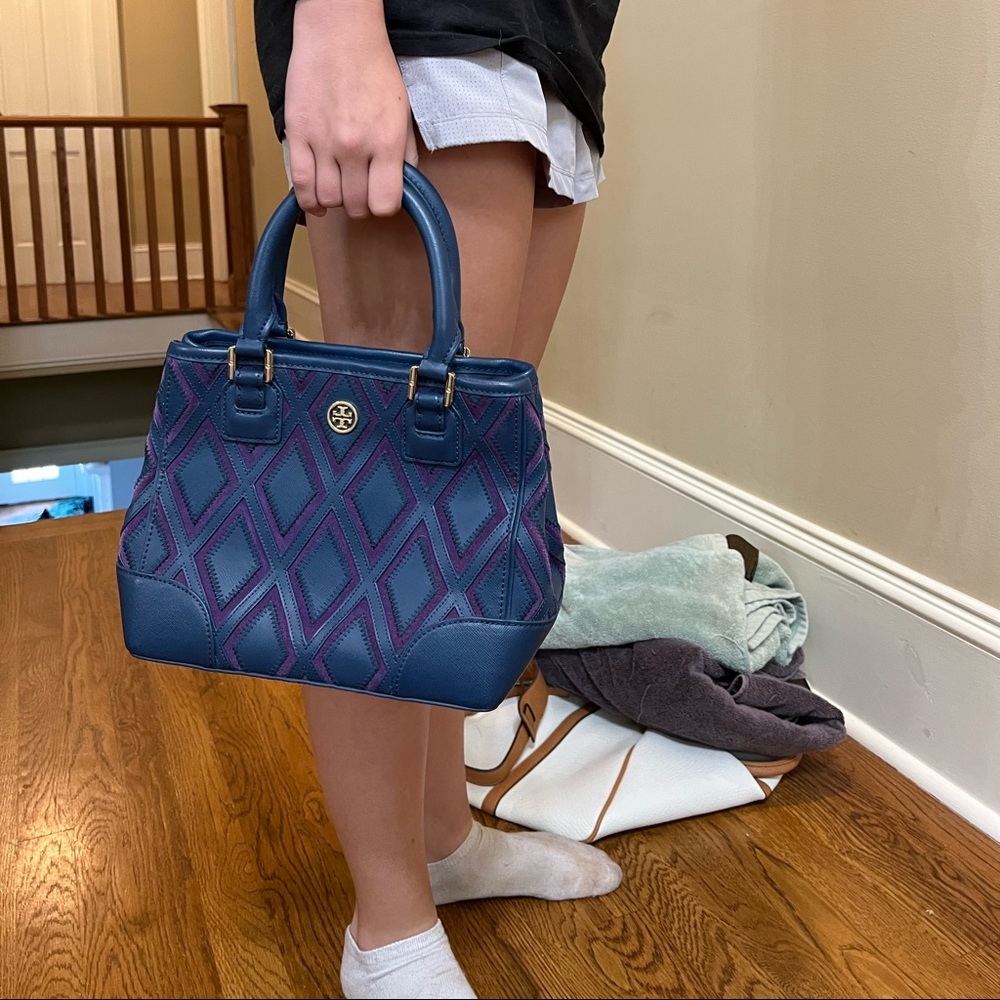 Tory Burch Geometric Patchwork Leather Suede Purp… - image 8